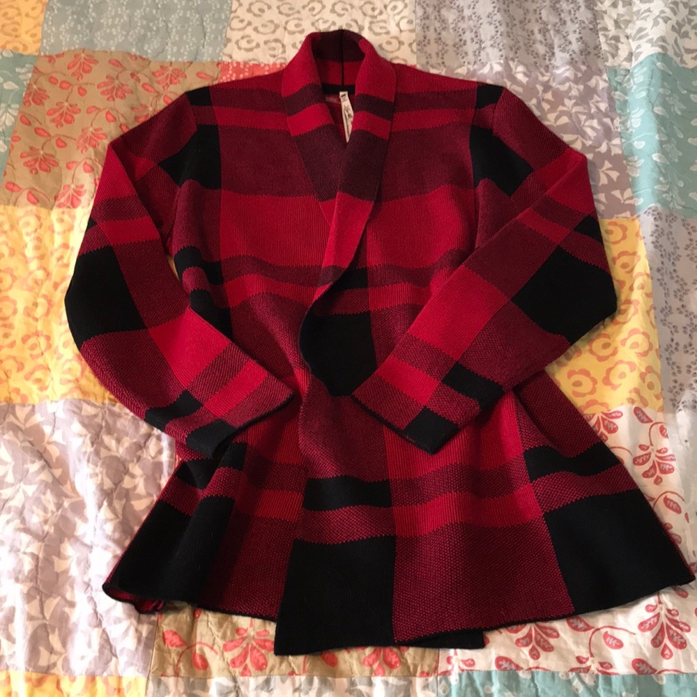 Open front red and black sweater